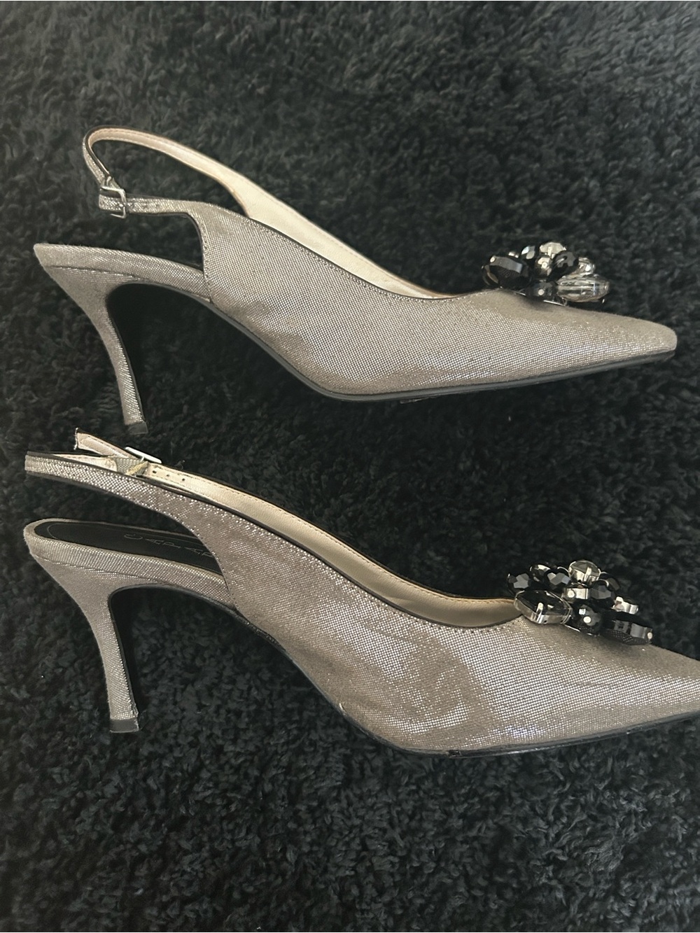 Caparros Pewter Silver Slingback Pointed Toe Heels w/ Crystal Flower Accent